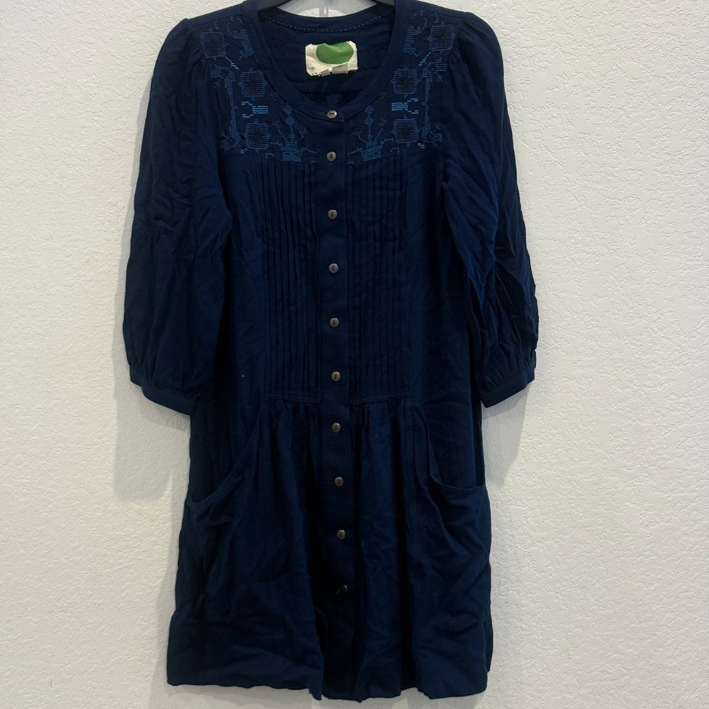 Anthropologie Blue Buttonedโ down Sundress with Bishop Sleeves